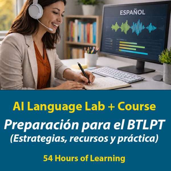 Preparacion para el BTLPT, AI Language Lab + Course, 54 Hours of Learning, mujer con audifonos practicando en computadora