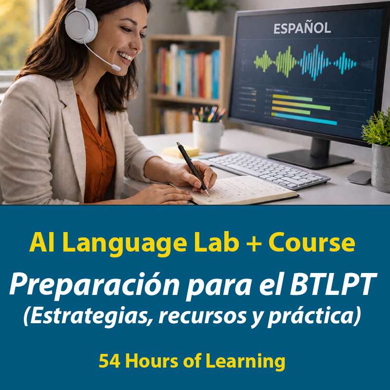 Preparacion para el BTLPT, AI Language Lab + Course, 54 Hours of Learning, mujer con audifonos practicando en computadora