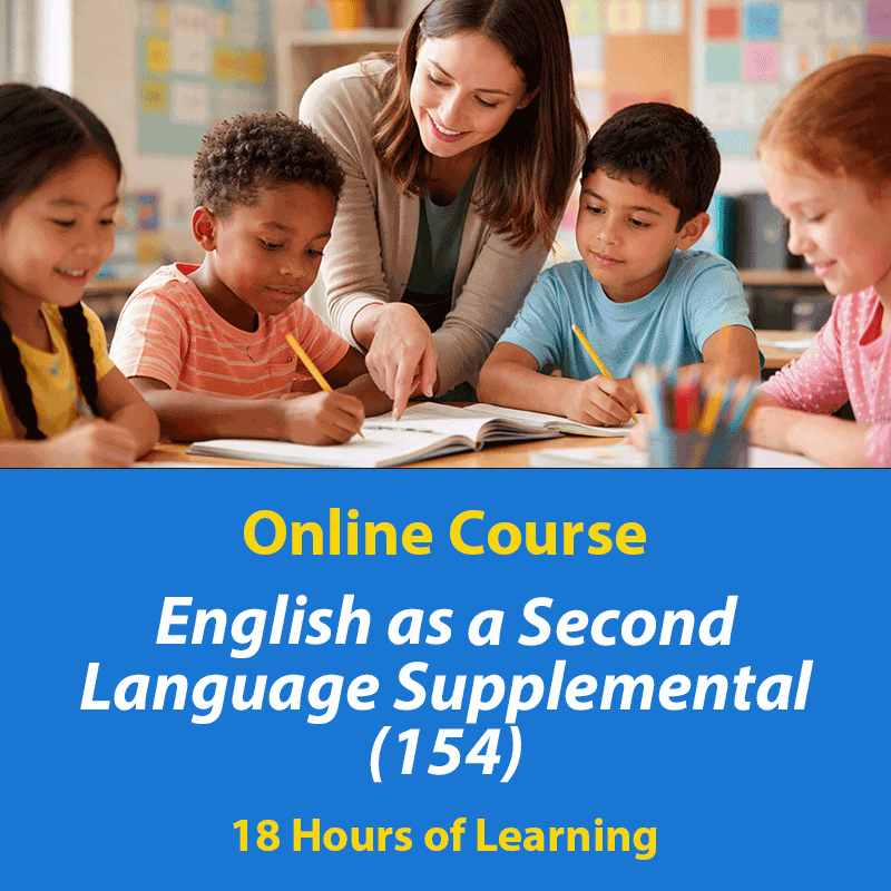 Teacher working with diverse group of elementary students in a classroom setting, representing the TExES ESL Supplemental 154 exam preparation course