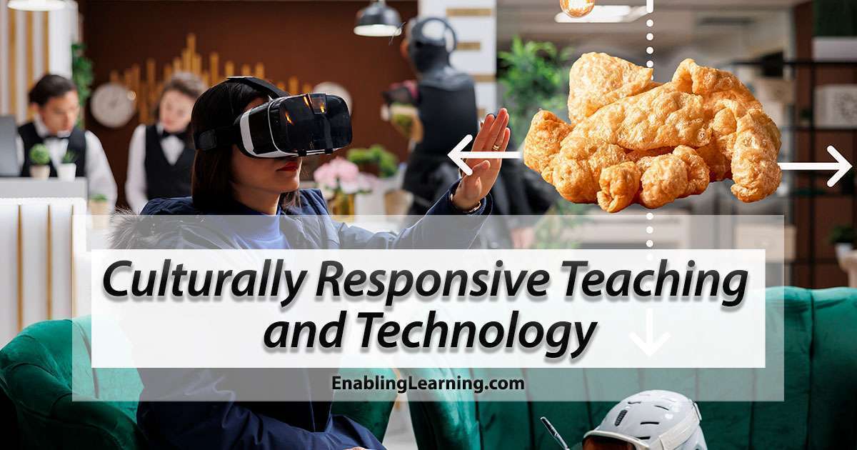 Woman wearing VR headset with 3D chicharrón (pork rinds) image, symbolizing culturally responsive teaching and technology.