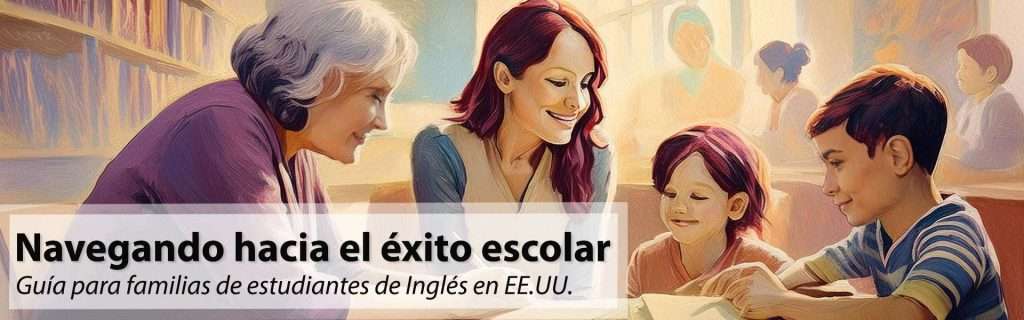 Family discussing educational support for children in the U.S., "Navegando hacia el éxito escolar" course.