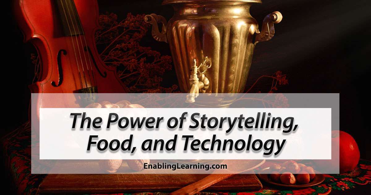 Still life composition with a violin, ornate vase, and food items, with the text "The Power of Storytelling, Food, and Technology."