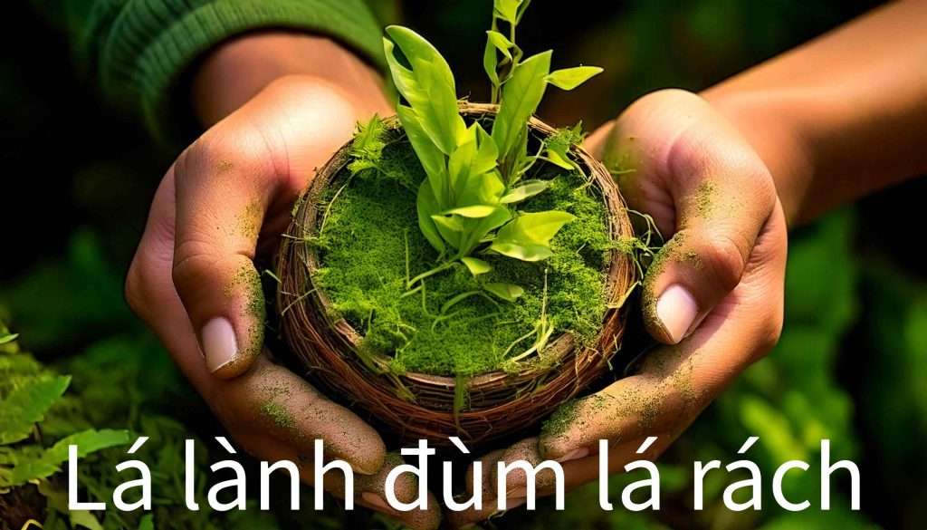 Hands holding a nest filled with green moss and sprouting plants, with the Vietnamese phrase “Lá lành đùm lá rách” overlayed, symbolizing nurturing and support.