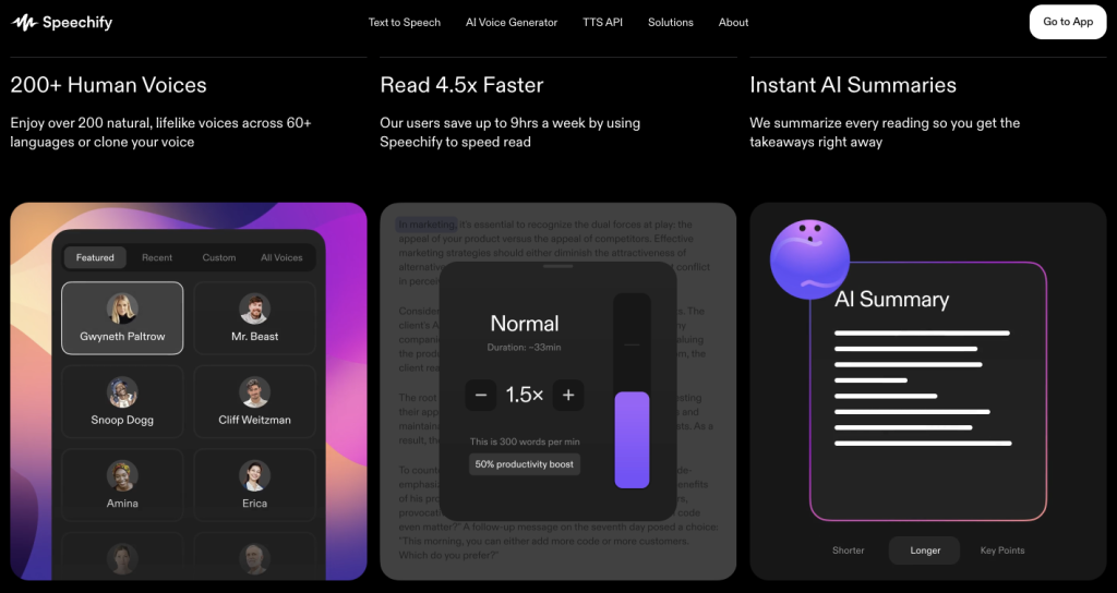 Speechify interface showcasing features like 200+ human voices, speed reading capabilities, and instant AI summaries.