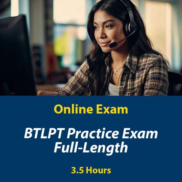 Woman wearing a headset taking an online BTLPT practice exam on a computer.