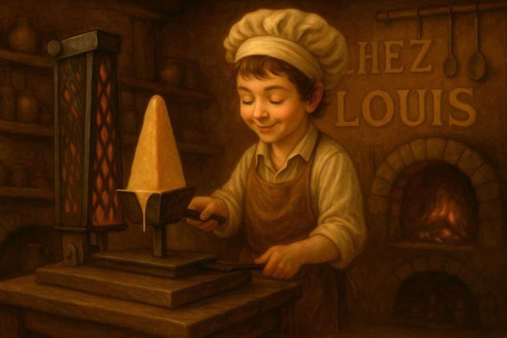 Smiling young chef melting cheese on a vintage grill at Chez Louis, an AI-generated culinary scene