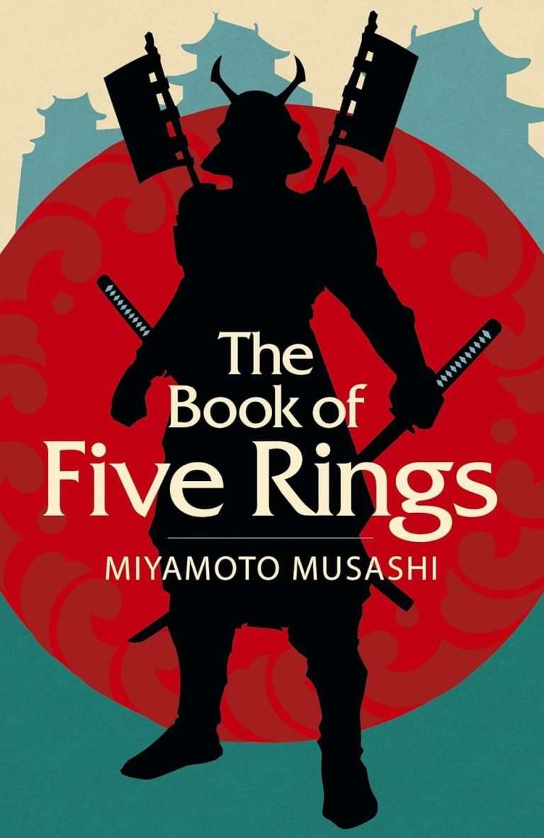 Cover of “The Book of Five Rings” by Miyamoto Musashi featuring a silhouette of a samurai against a red circular background with Japanese architecture.