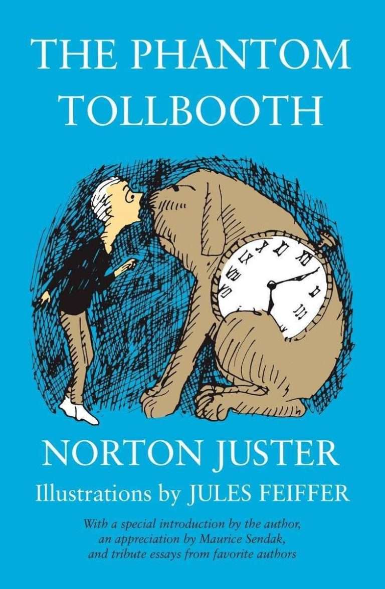 Illustration from the book “The Phantom Tollbooth” showing Milo and the large dog named Tock, who has a clock built into his side.