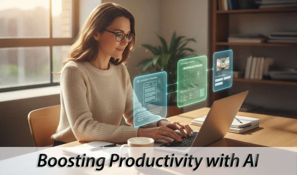 Woman using AI-powered tools on laptop to boost productivity in modern workspace
