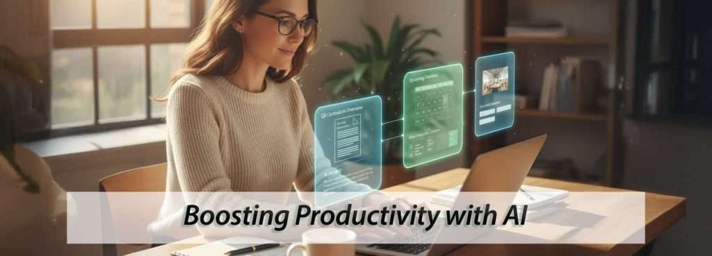 Woman using artificial intelligence tools on laptop to boost productivity in online learning