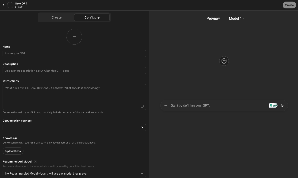 Screenshot of the GPT creation interface on OpenAI, showing configuration fields for building a custom GPT