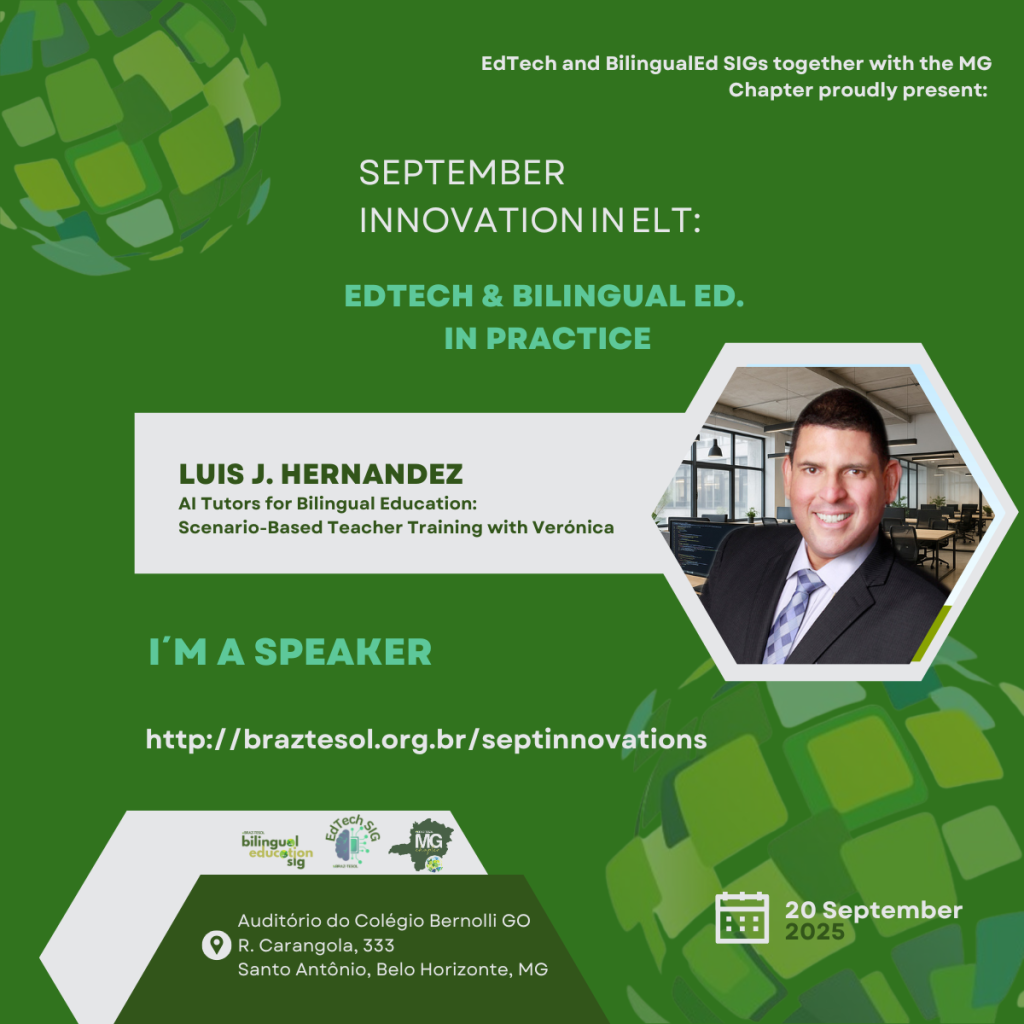 Promotional poster for the September Innovation in ELT event on EdTech and bilingual education in Belo Horizonte, featuring speaker Luis J. Hernandez.