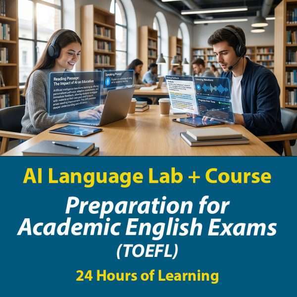 Preparation for Academic English Exams TOEFL, AI Language Lab + Course, 24 Hours of Learning, students practicing with AI in library