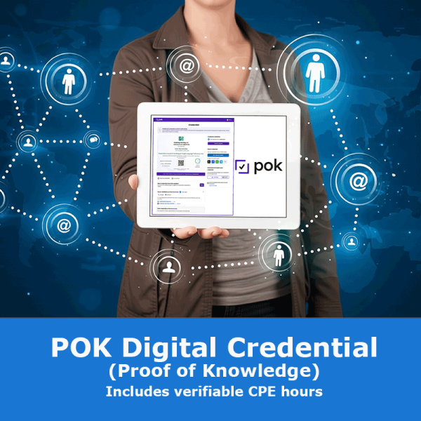 Digital Credential POK (Proof of Knowledge), includes verifiable CPE hours, woman holding tablet with verified credential