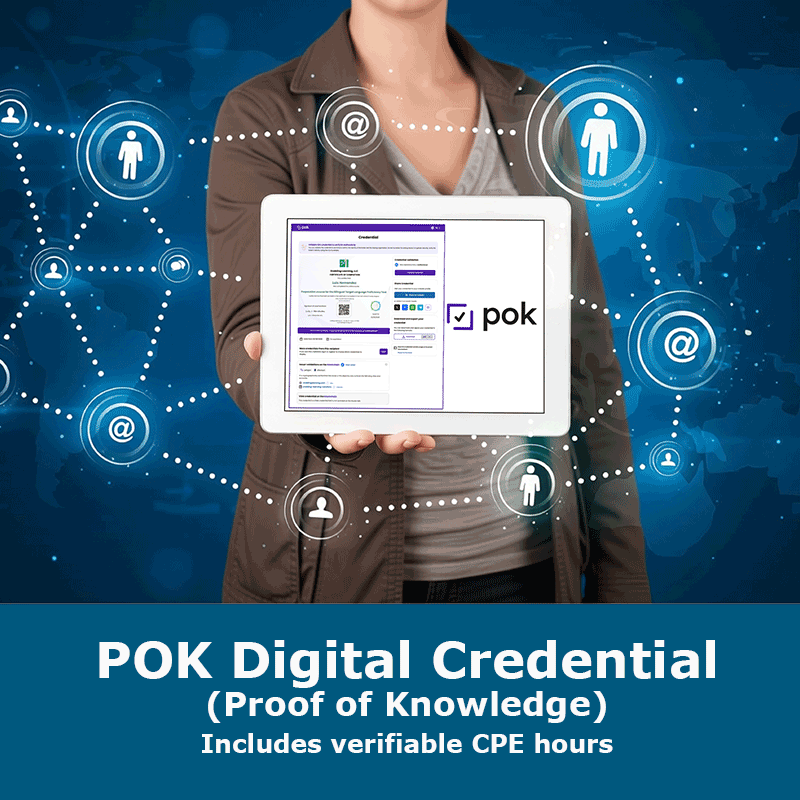 Digital Credential POK (Proof of Knowledge), includes verifiable CPE hours, woman holding tablet with verified credential