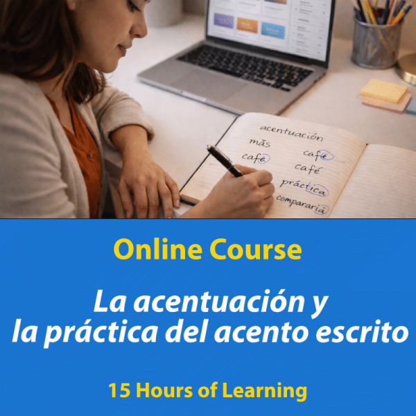 Estudiante practicando acentos escritos en español en un cuaderno junto a una computadora, curso en línea de 15 horas sobre acentuación