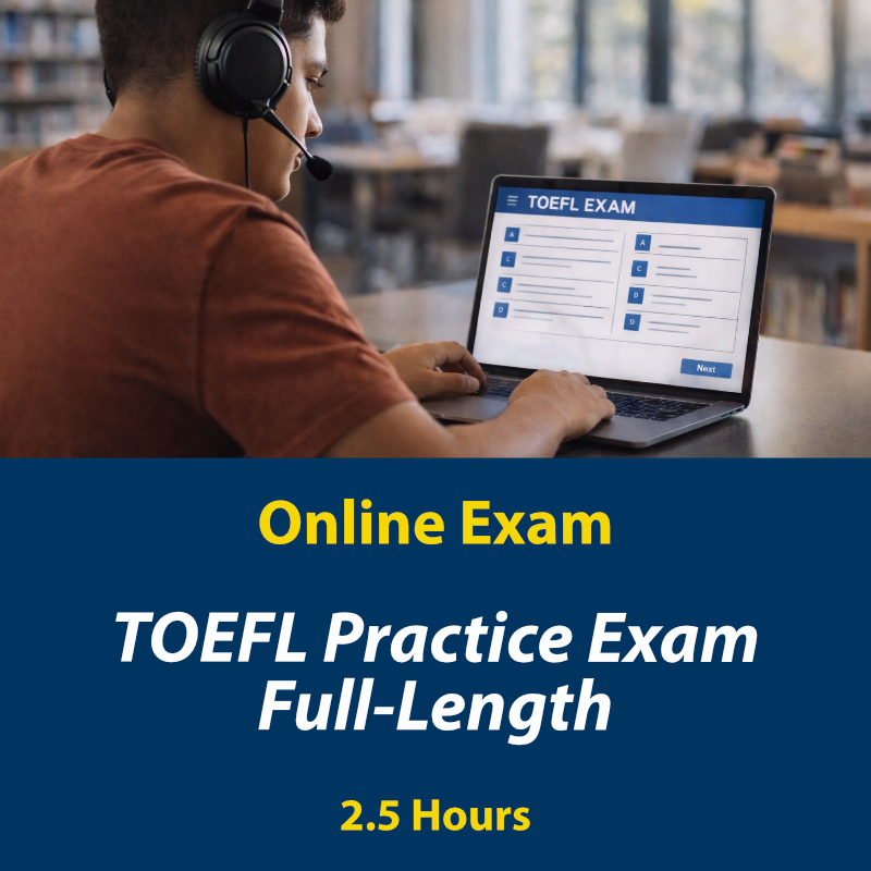 Student wearing headphones taking the TOEFL Practice Exam on a laptop in a library setting
