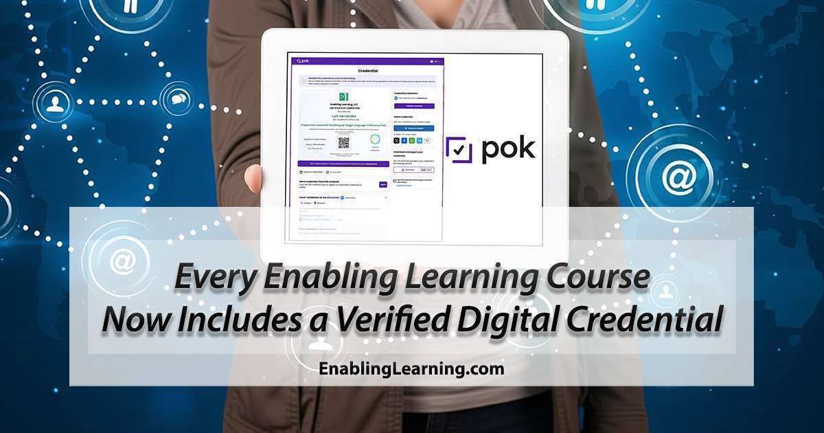Enabling Learning digital credential displayed on a tablet, showing the POK verification page with QR code, LinkedIn sharing, and verified issuer status