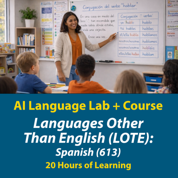 Teacher at a whiteboard explaining Spanish verb conjugation to a classroom of elementary students, representing the TExES LOTE Spanish (613) exam prep course