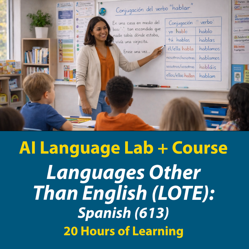 Teacher at a whiteboard explaining Spanish verb conjugation to a classroom of elementary students, representing the TExES LOTE Spanish (613) exam prep course