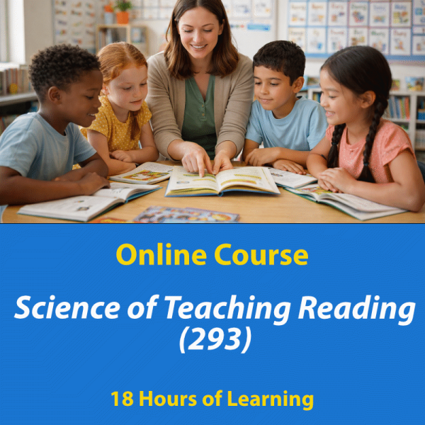 Teacher guiding a diverse group of elementary students reading together at a classroom table, representing the TExES Science of Teaching Reading (293) exam prep course