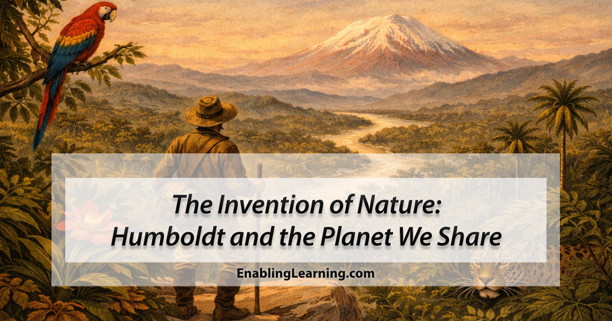 Illustration of a nineteenth century explorer overlooking a South American rainforest with Chimborazo volcano in the distance, evoking Alexander von Humboldts expeditions