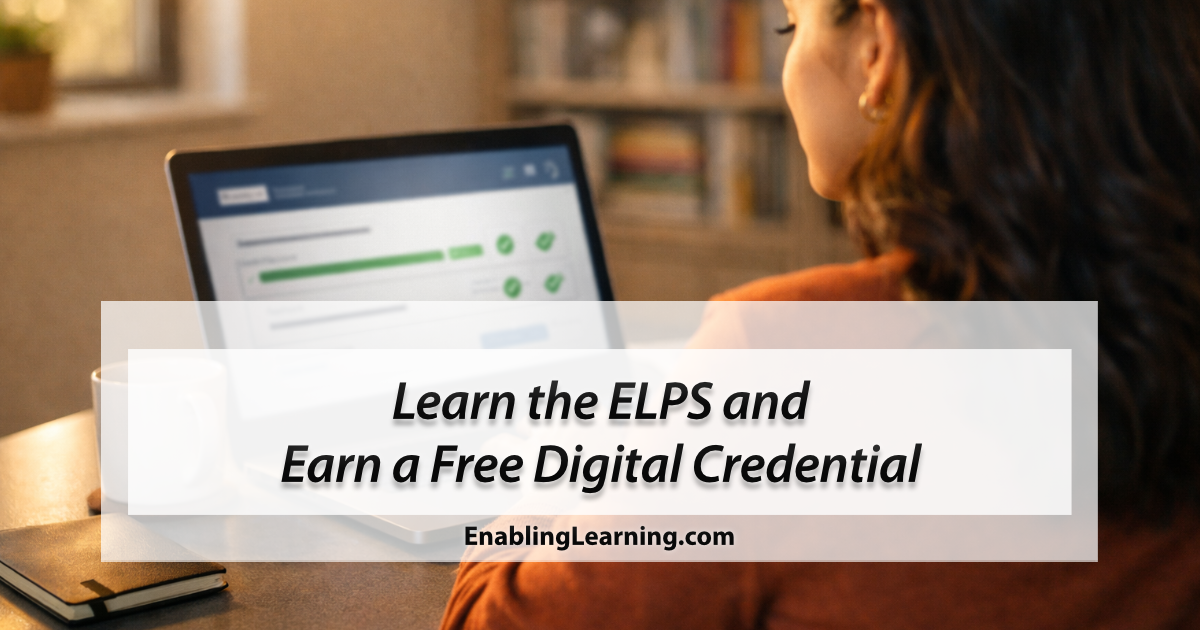 Illustration of a teacher completing the free ELPS Online Helper course on a laptop, with a progress bar, AI tutor, and a glowing verified digital credential badge