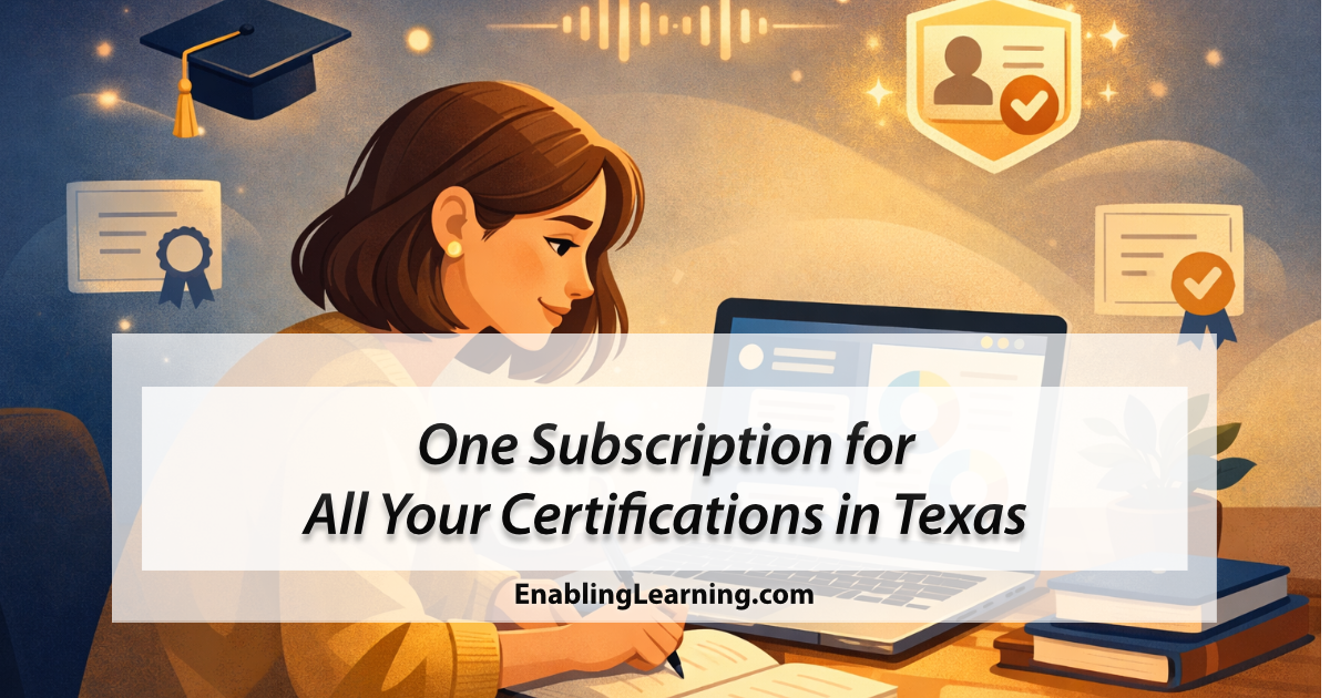 Illustration of a teacher candidate studying with an AI-powered dashboard showing certification exam progress, audio waveforms, and digital credential badges