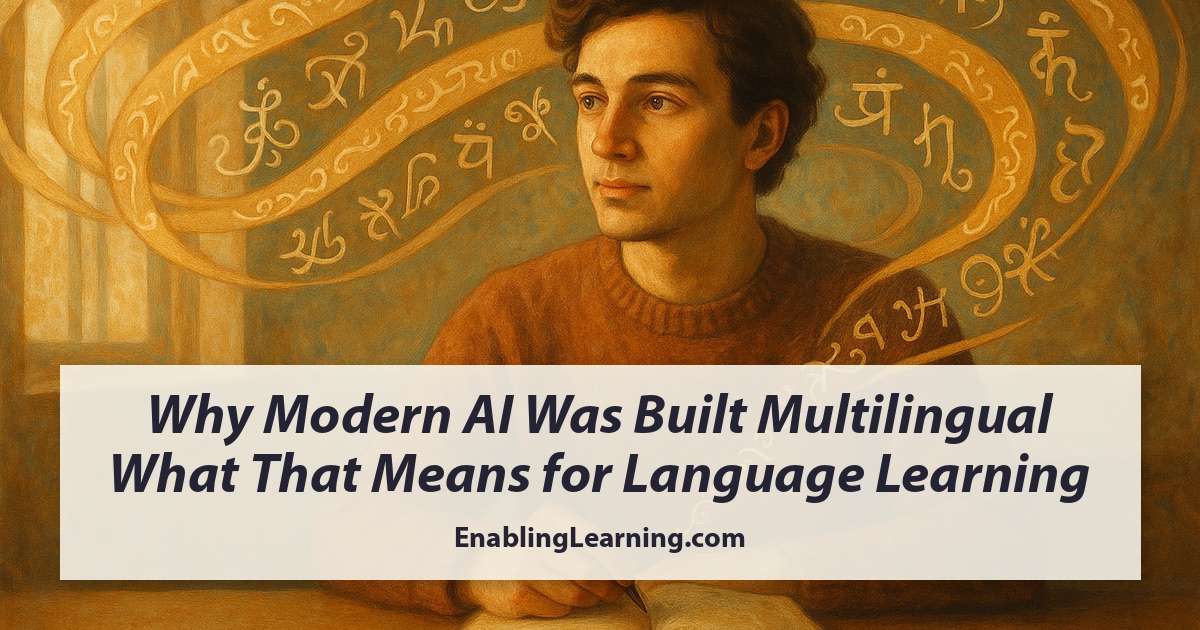 Painted illustration of a thoughtful scholar with delicate calligraphic ribbons of multilingual glyphs flowing around her, evoking the multilingual foundation of modern AI.