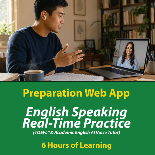 International student practicing academic English speaking in real time with an AI voice tutor on a laptop, preparing for the TOEFL exam