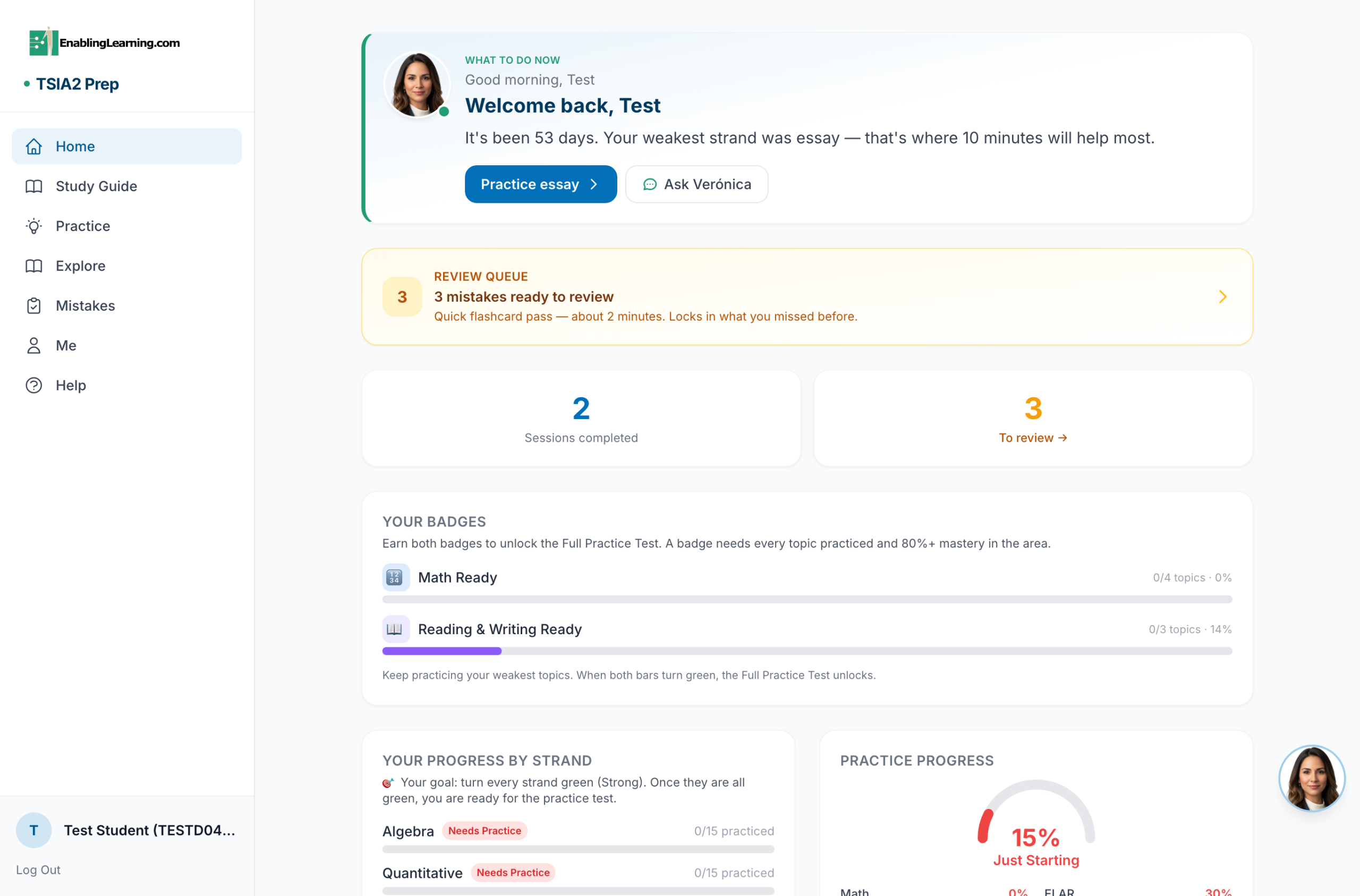 TSIA2 Prep — student dashboard