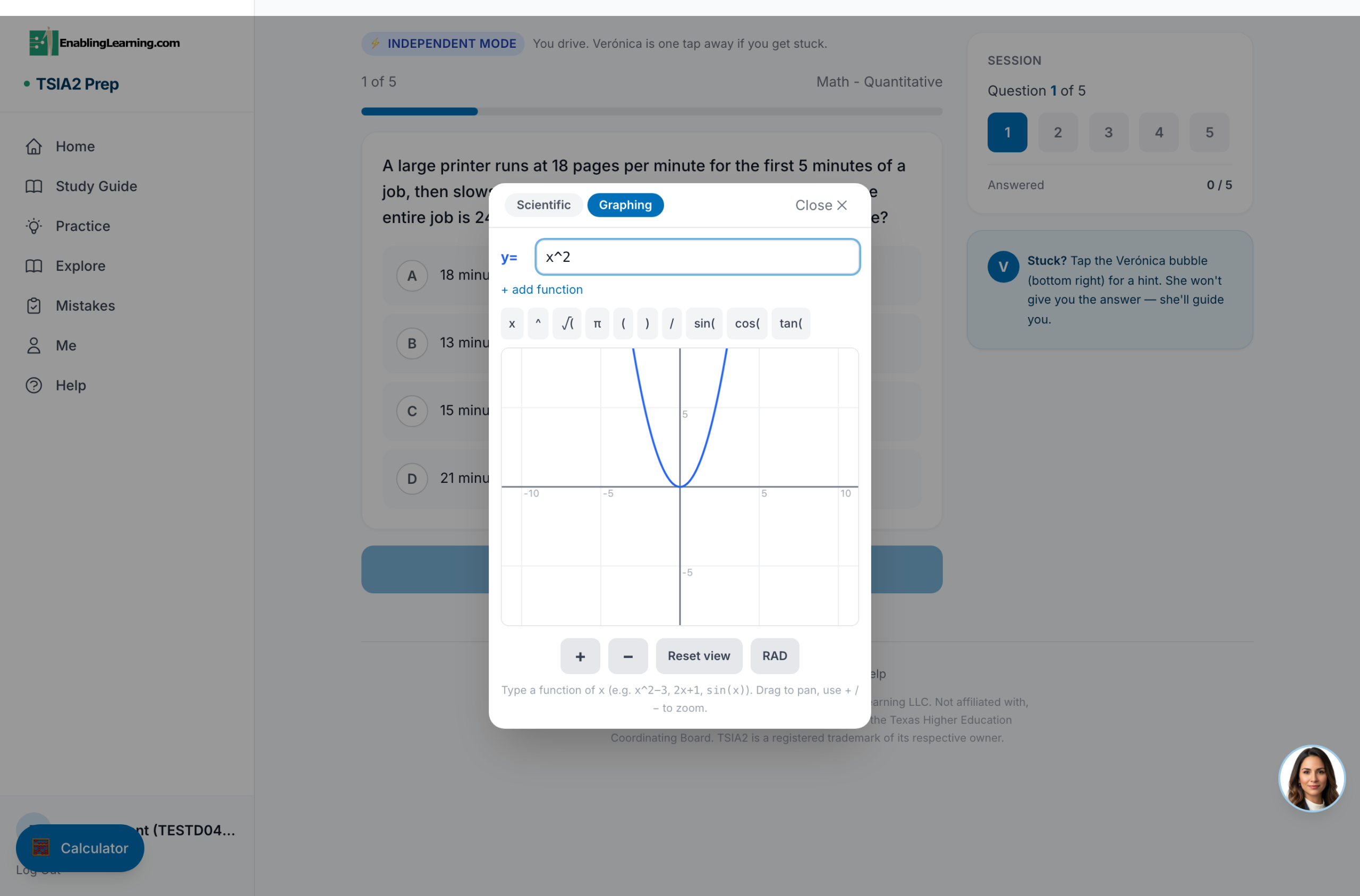 TSIA2 Prep — built-in graphing calculator