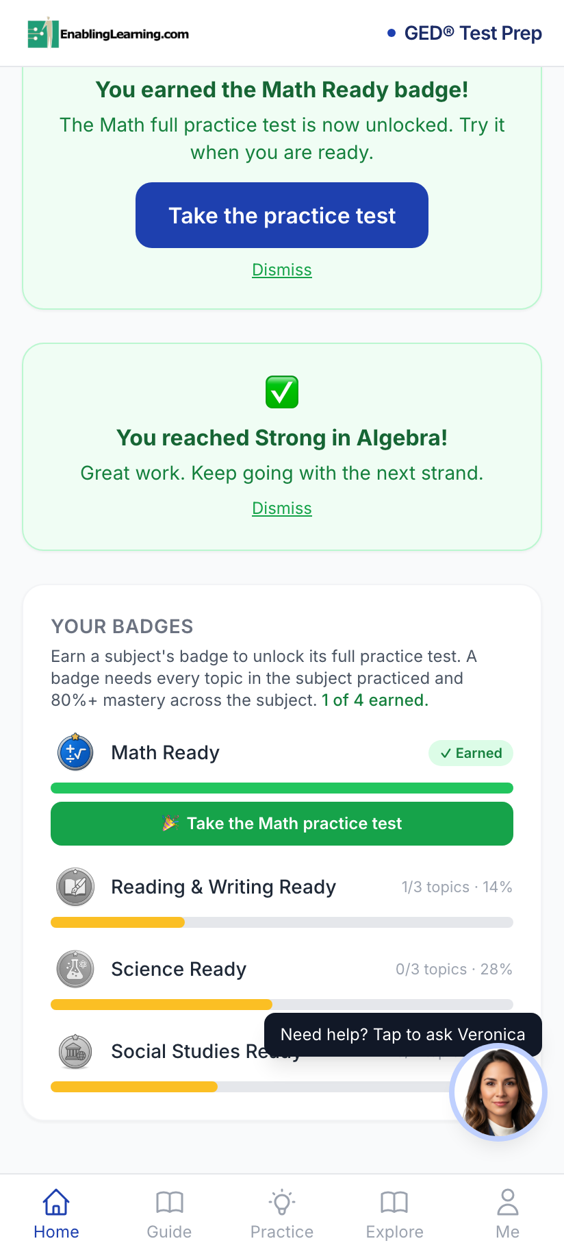 Subject-readiness badges in GED Prep; earning a subject badge unlocks its full practice test