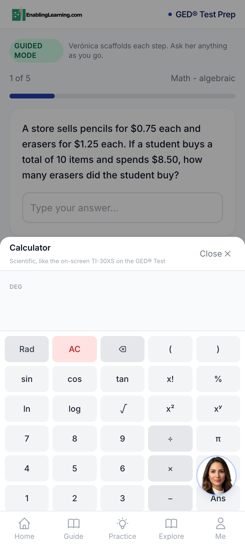 On-screen scientific calculator inside GED Prep, matching the TI-30XS used on the real test