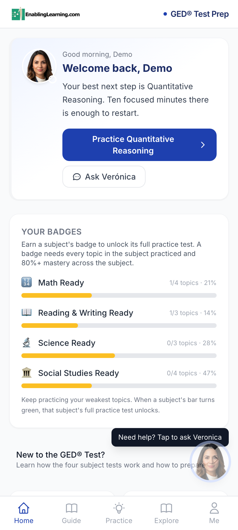 GED Prep dashboard showing subject-readiness badges and a personalized next step
