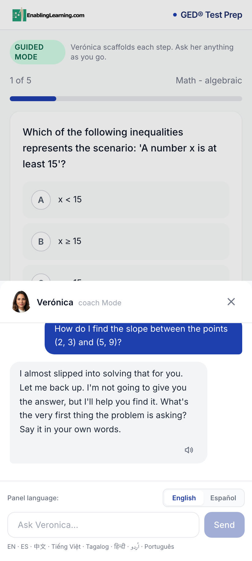 Verónica coaching a student through a math problem without giving the answer, with an 8-language switcher