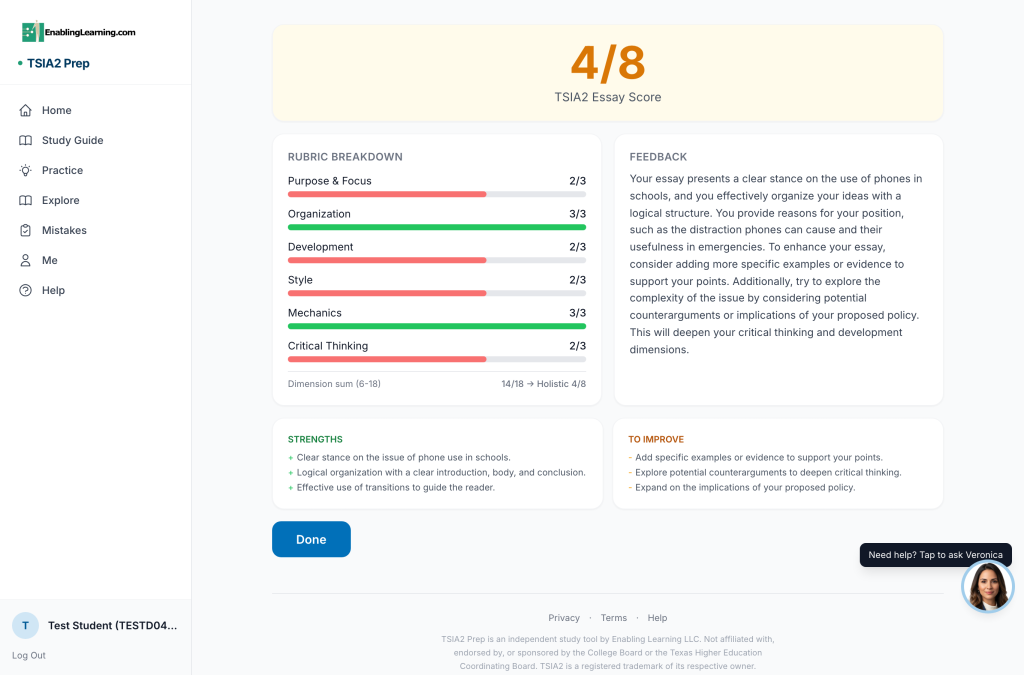 AI essay feedback on the TSIA2 rubric