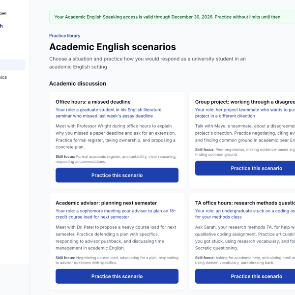 Academic English Speaking app: library of academic English conversation scenarios