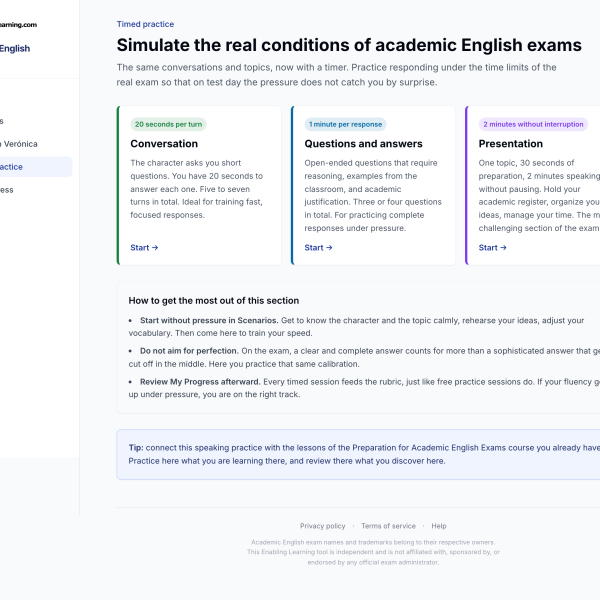 Academic English Speaking app: timed practice modes that simulate real exam conditions